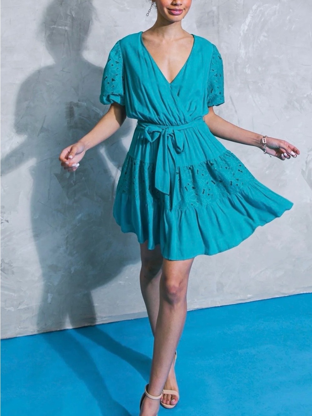 Flying Tomato Teal Eyelet Tie-Waist Mini Dress